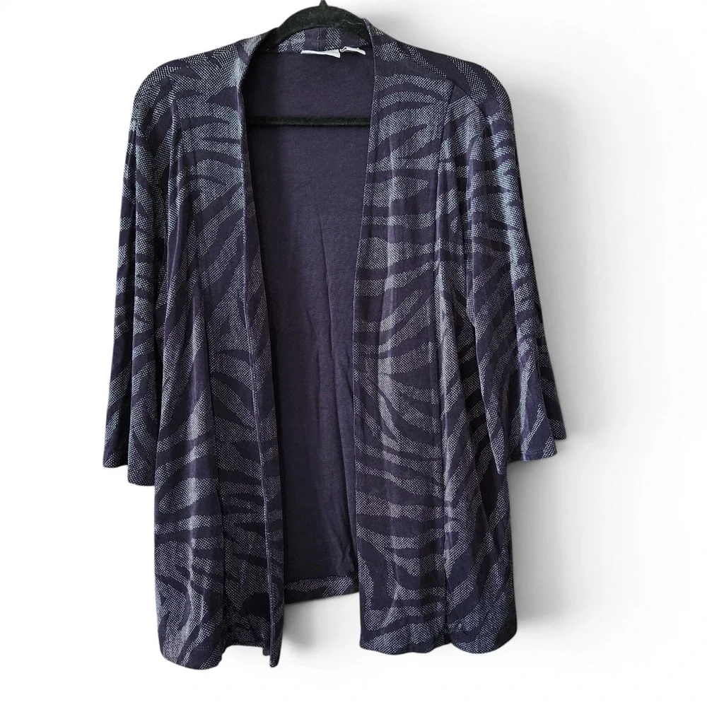 Chicos Travelers Slinky Cardigan Top sz 2 Large 12 purple silver‎ 3/4 sleeve